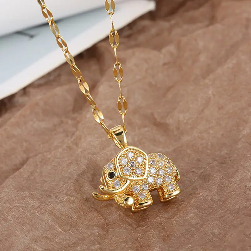 Unisex Copper Elephant Pendant Necklace - Sparkling Cubic Zirconia Detail, Animal Figure, Elephant-Shaped & Gem Decoration Necklaces, Daily Wear & Party Fashion Costume Jewelry Accessory, Animal Figure Necklaces