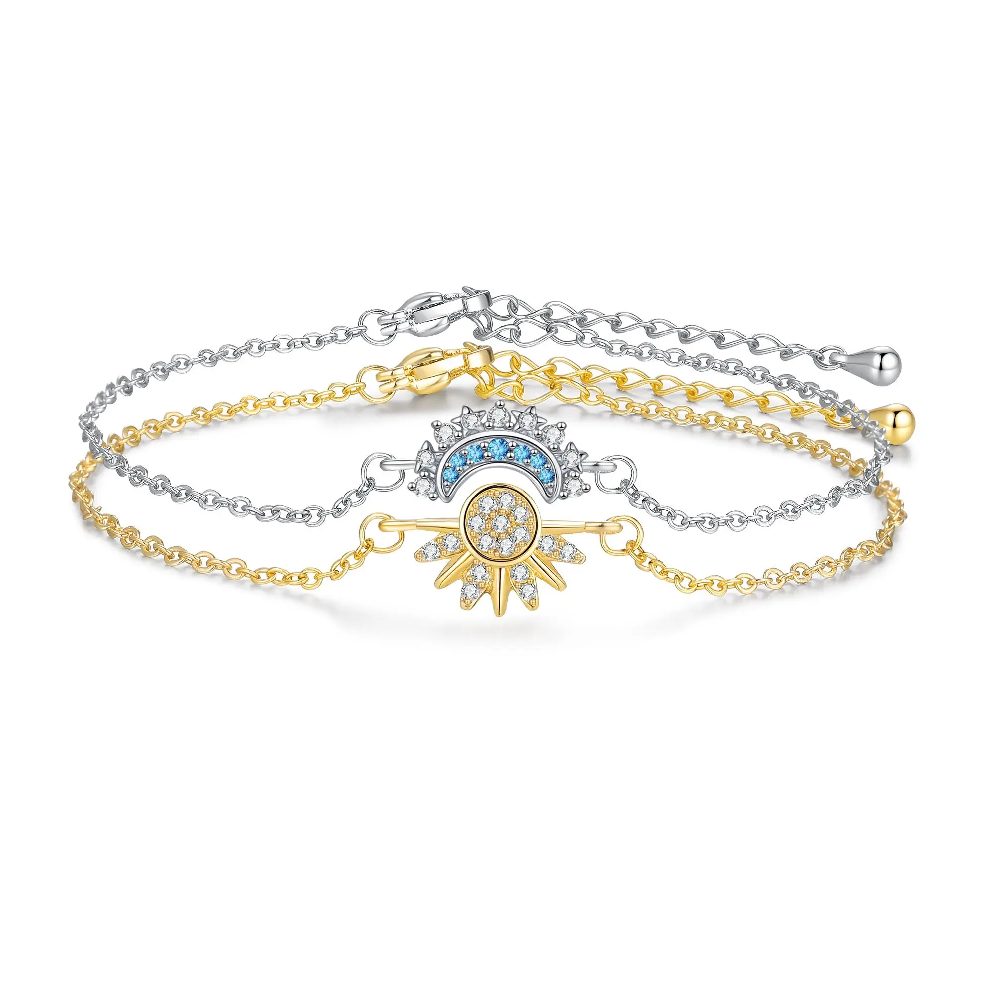 Sun Moon Bracelet Set Stackable for Women Men Sparkling Gold Sun Ring Blue Moon Bracelet Couple Matching as Friendship Gift