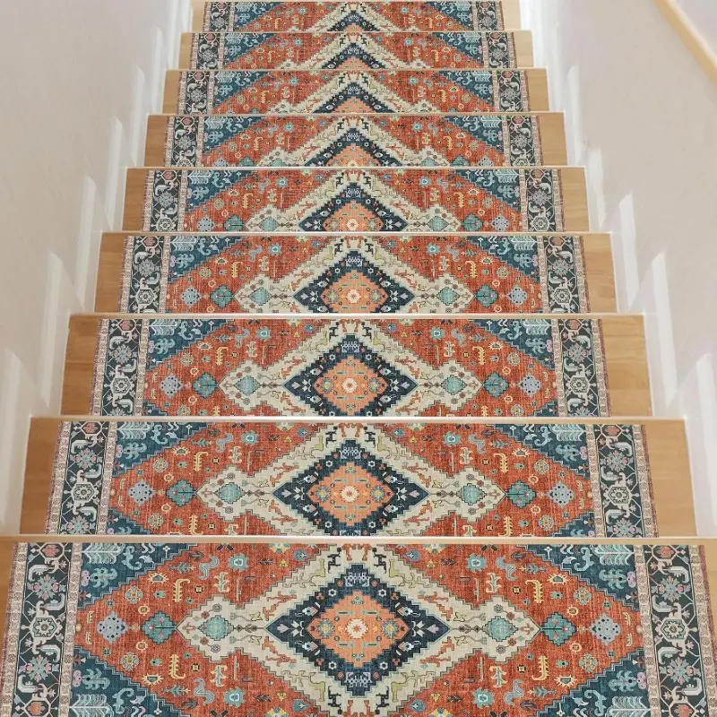 Joyfinity 15pcs Non-Slip Stair Treads for Wooden Steps Indoor, Anti-Slip Carpet Stair Mats with Rubber Backing, Boho Stair Rugs, Washable, Slip-Resistant, Durable, Protective, Easy Install, Suitable for Kitchen, Laundry Room, and More
