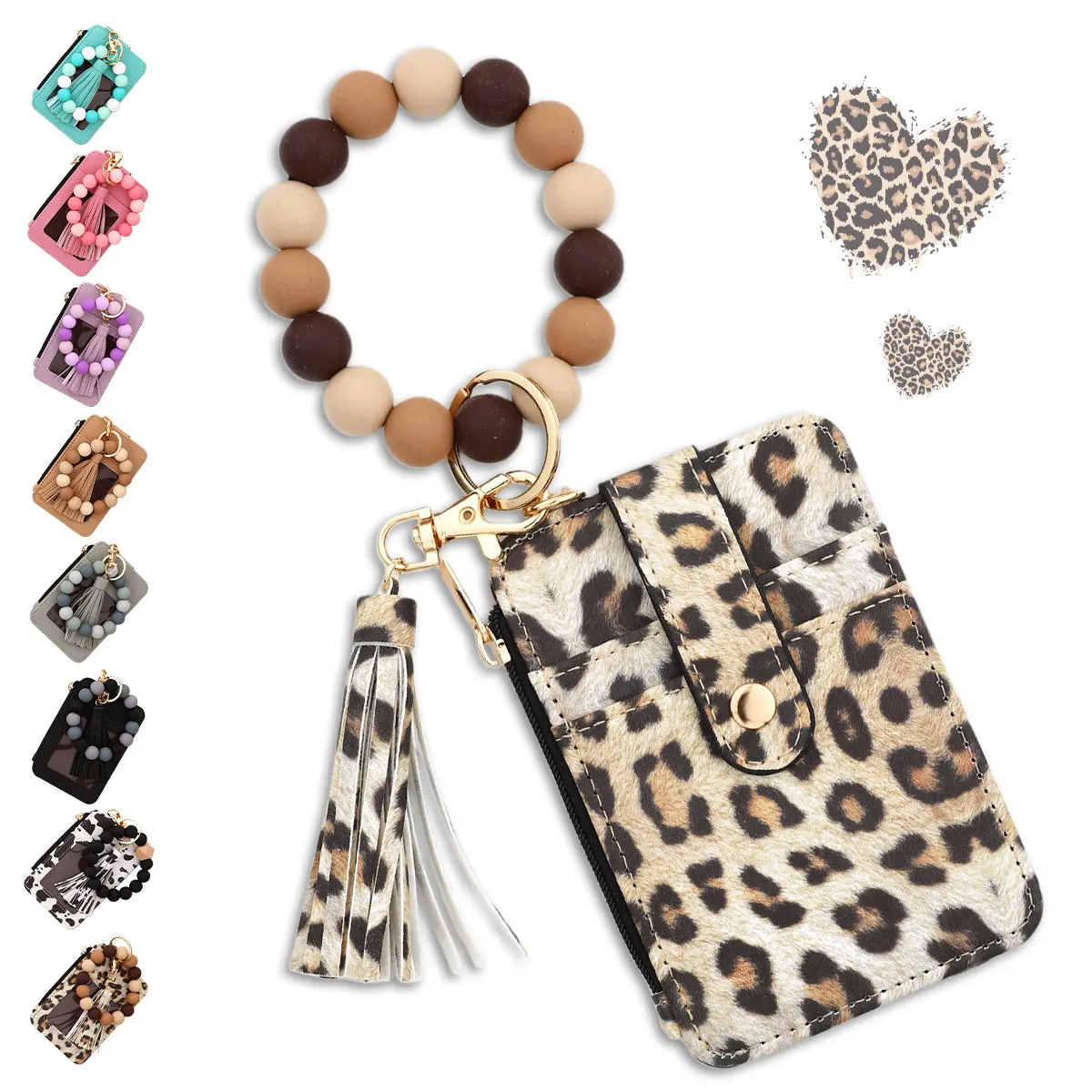 Women's Boho Beaded Keychain Wristlet Wallet, Trendy All-match Silicone Beaded Keychain Wallet with Card Holder and Tassel Decor, Fashion Keychain Purse Bangle for Birthday Gift