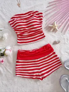 Two-piece Set Women's Striped Print Crop Tube Top & Low Waist Shorts, Casual Fashion Outfits for Daily Wear, Ladies Clothes for All Seasons, Suits, Womenswear, Summer Beach Set, Summer Clothing Set, Stretchy Outfit Sets