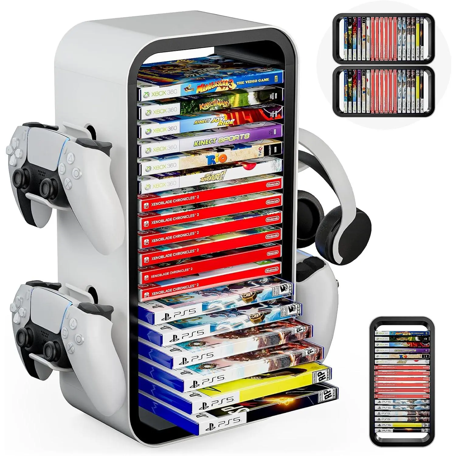 Universal multi-functional game storage tower – Can accommodate 19 game disc kits. Includes 4 controller mounts. Also suitable for organizing PS5/PS4/Xbox One/360/Series X/Switch and other gaming devices.
