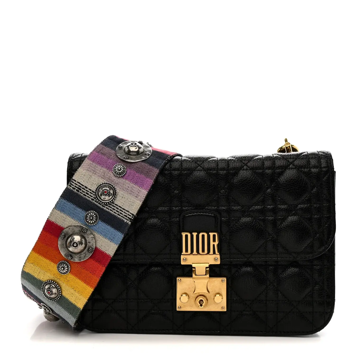 Pre-owned Dior Leather Shoulder Bags Lambskin Cannage Large Dioraddict Flap J’Adior Strap Black