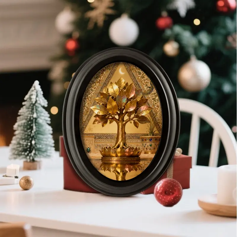 1 PC 5x7 Inch Elegant Tree of Life Wooden Photo Frame , Islamic Art Style  Oval Hanging & Tabletop Multi-Purpose Home Decor Accessory Islamic Art Frame for Ramadan Eid Home Office Desk Decor