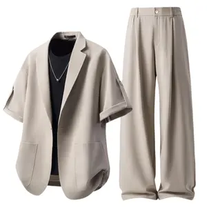 Men’s 2-Piece Summer Casual Menswear Suit Set, Classic Plain Short-Sleeve Notched Lapel Blazer with Large Pockets & Straight-Leg Trouser with Half-Elastic Waistband, Sleeve Button Design for Everyday Wear