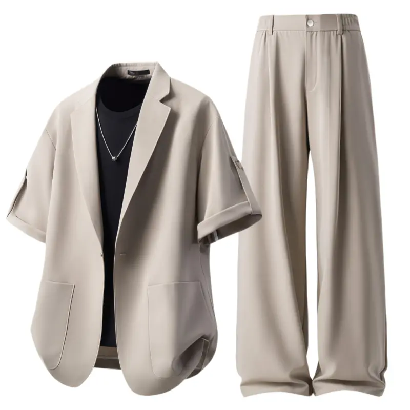 Men's Chic 2-Piece Casual Menswear Outfit - Summer Short-Sleeve Suit, Classic Plain Notched Lapel Blazer with Large Pockets & Button Front, Straight-Leg Pants with Half-Elastic Waistband for Everyday Wear, Mens Clothing Size M, Clothes, Outfits, Men's 2 P