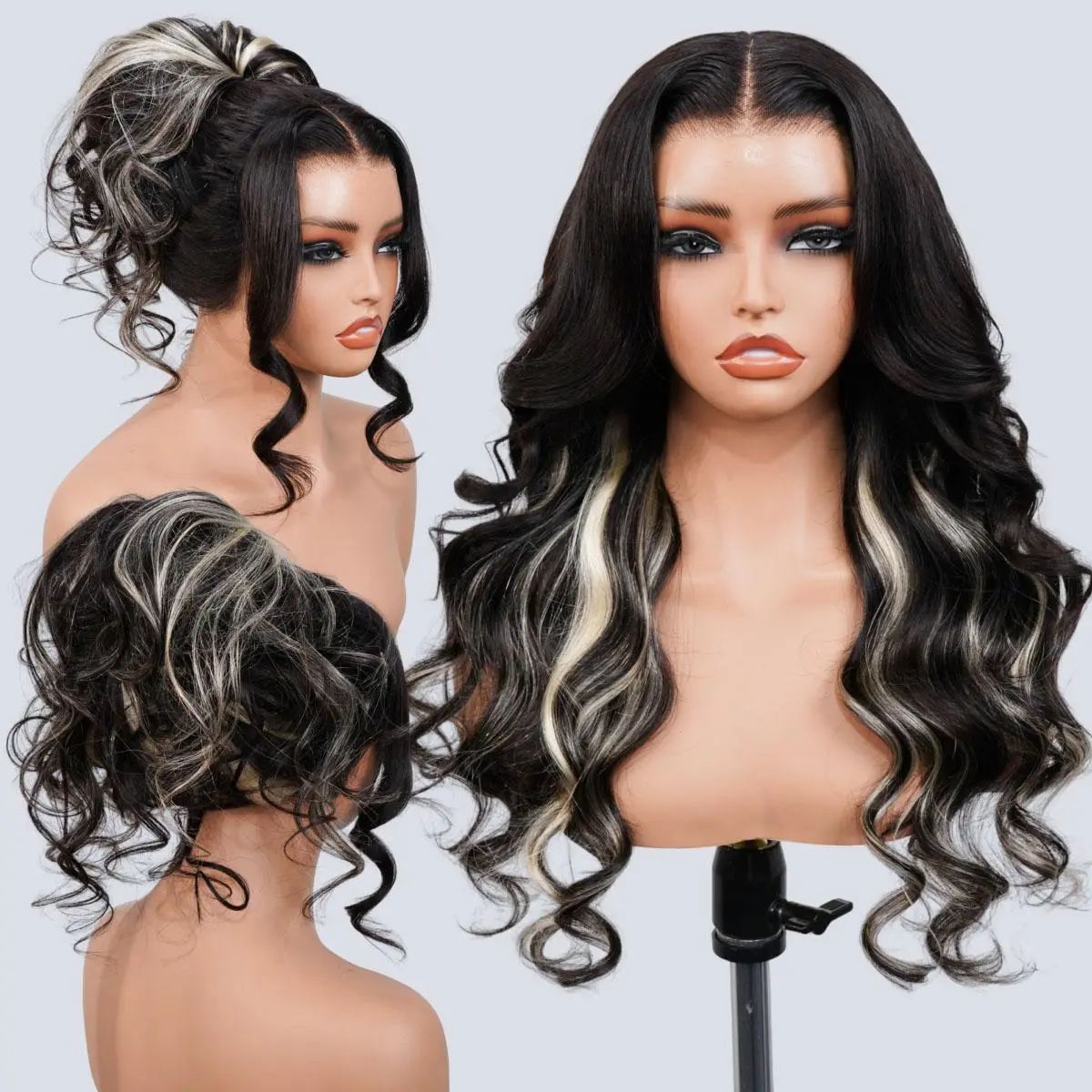 OQ HAIR Black Blonde Skunk Stripe Layered Body Wave Glueless Wig With Face-Framing Curtain Bangs Pre-Cut 13x6 Lace Adjustable Drawstring Wear Go Wig