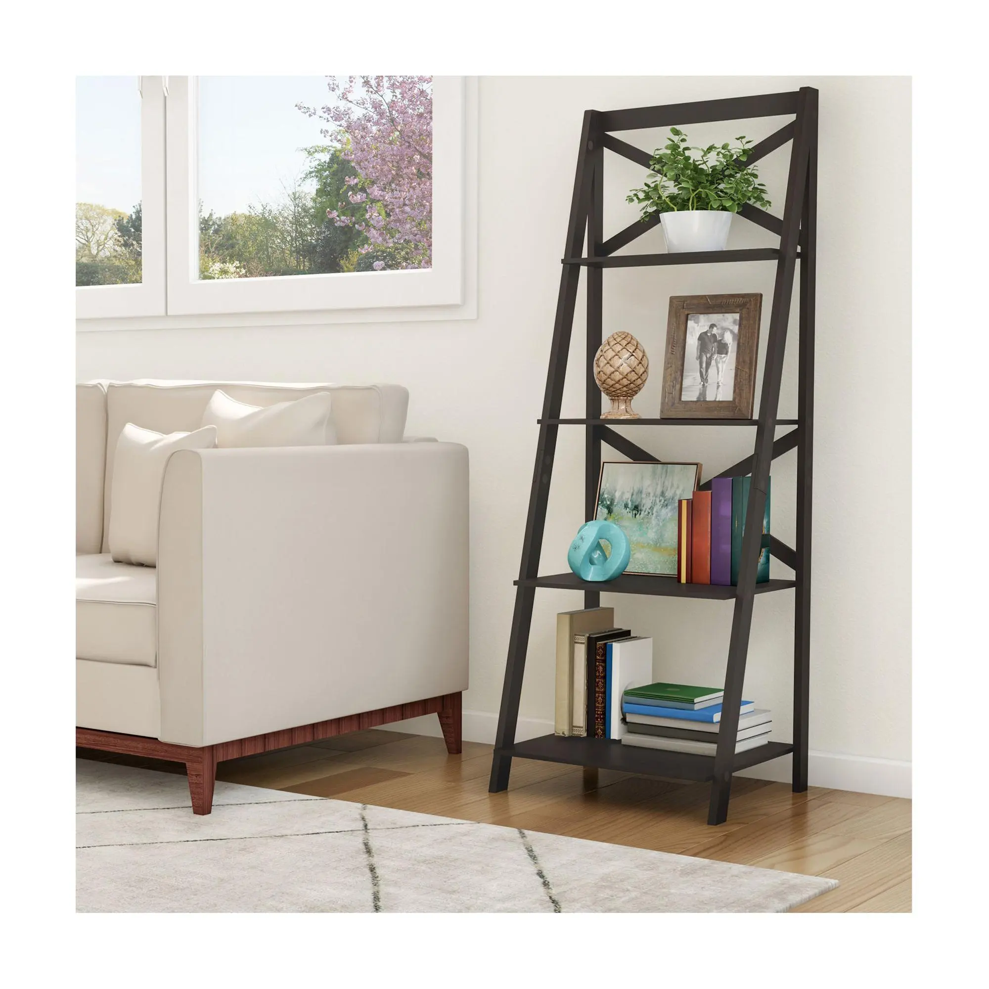 Lavish Home 4-Tier Ladder Bookshelf with X-BackFrame Lavish Home 4-Tier Ladder Bookshelf with X-BackFrame