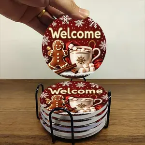 6-piece ceramic coaster set, themed "Warm Holiday Welcome, Merry Christmas," heat-resistant and non-slip coasters with holders, perfect for home dining table decorations and beverage mats.