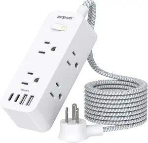 Power Strip Surge Protector, BESHON 5Ft Extension Cord, 6 Outlets with 4 USB Ports (2 USB C Outlet), 3-Side Outlet Extender, Wall Mount, Compact for Travel, Home, College Dorm Room and Office