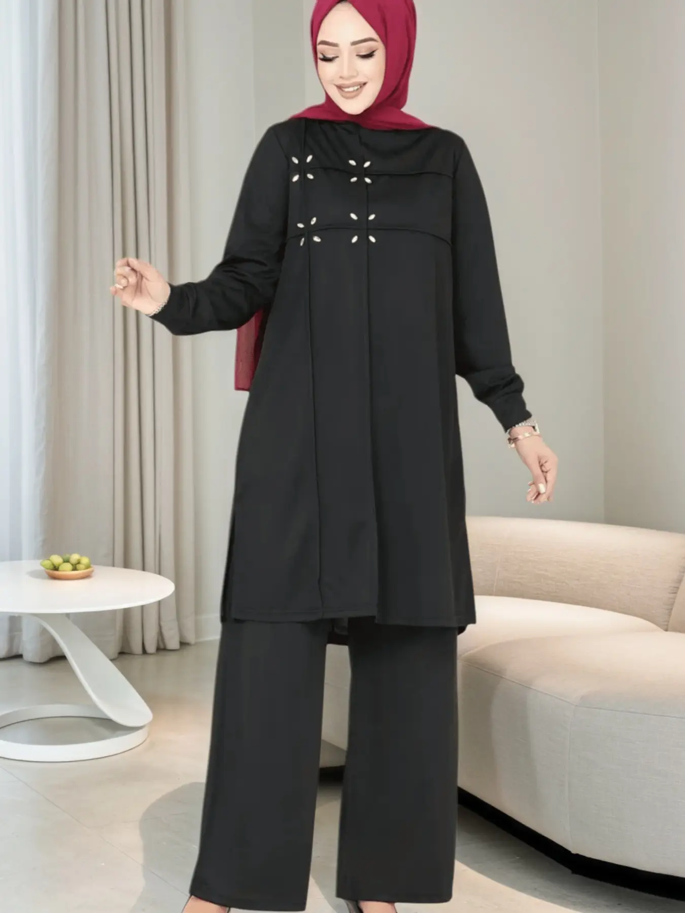 Women's Casual Solid Color Round Neck Long Top with Loose Pants Traditional Arabic Set, Comfortable Fashion for Daily Wear