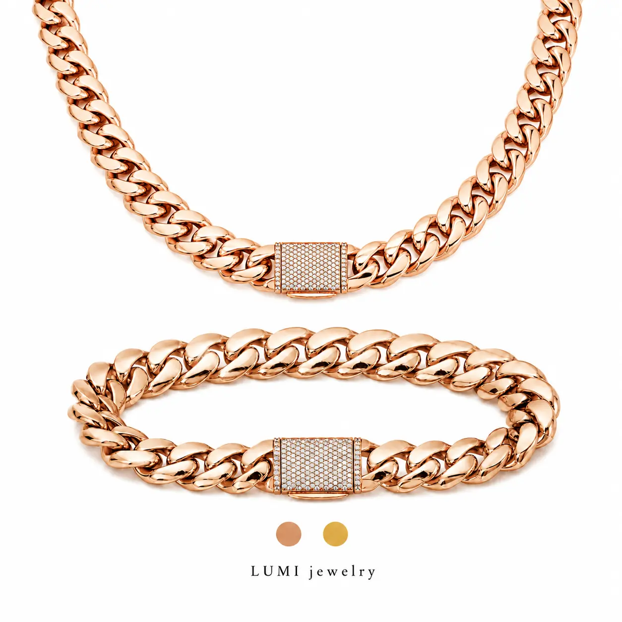 LUMI Jewelry Unisex Rose Gold Cuban Chain Bracelet with Geometric Links, Metal Finish, Diamond-Encrusted Clasp for Daily Wear