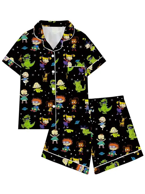 90s Inspired Cartoon Pajama Set, Cute Dinosaur Print Sleepwear, Two Piece Summer Lounge Set, Women's Homewear Gift