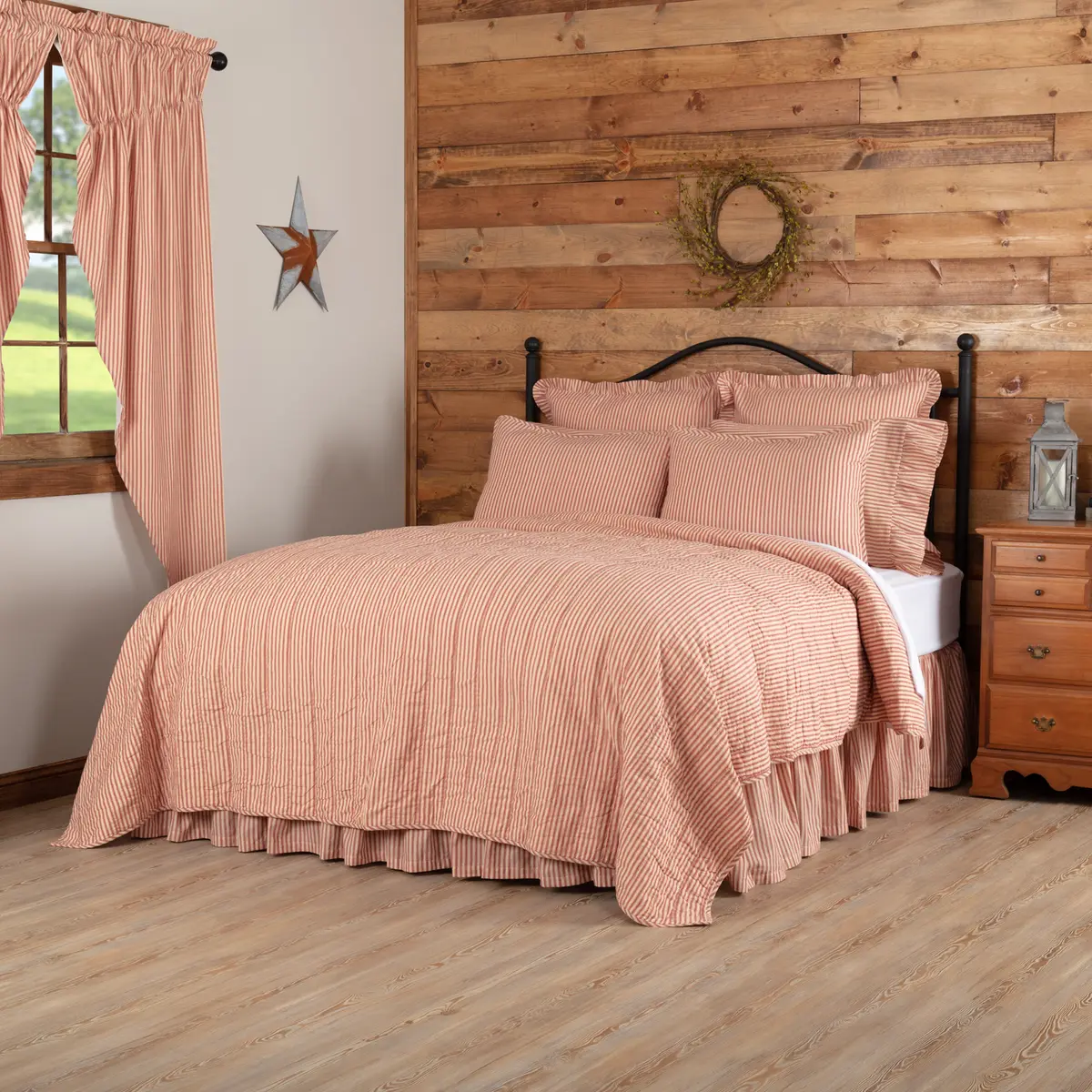 Farmstead Red and Tan Ticking Stripe Quilt Coverlet