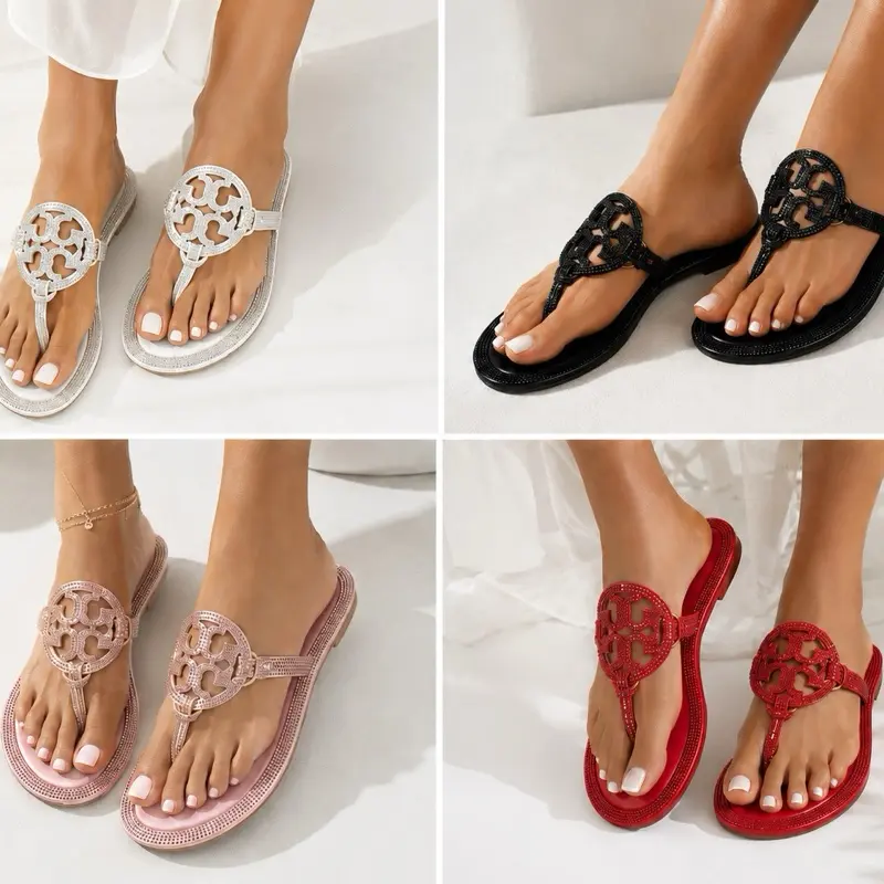 Women's Sparkly Rhinestone Thong Sandals, Anti-Slip Flip Flops with Cushioned Insole for Beach and Weddings, Flats Sandals, Anti Slip Sandals