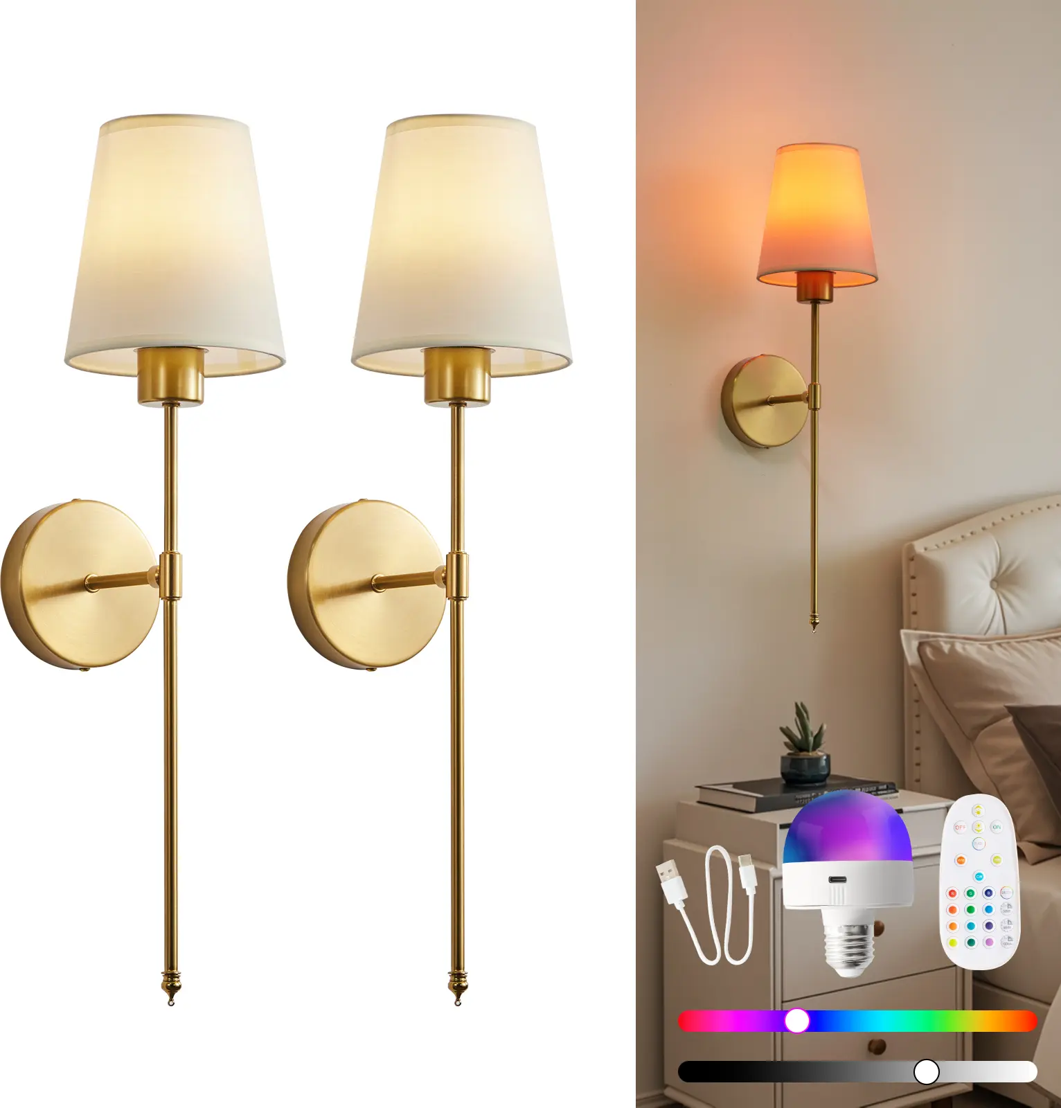 2-Pack Wireless Farmhouse Wall Sconces - Battery Operated, Remote Control, Dimmable, No Wiring Installation - House Decor, Living Room Decor, Vanity Setup, Mood Lighting for Bedroom Mirror (Gold/Black), Colorful Lights