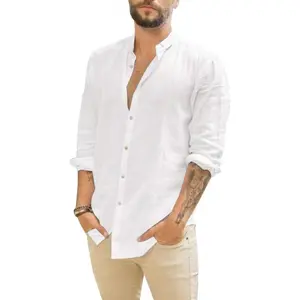 Men Linen Shirt Button Down Long Sleeve Cotton Beach Band Collar Casual Summer Shirts