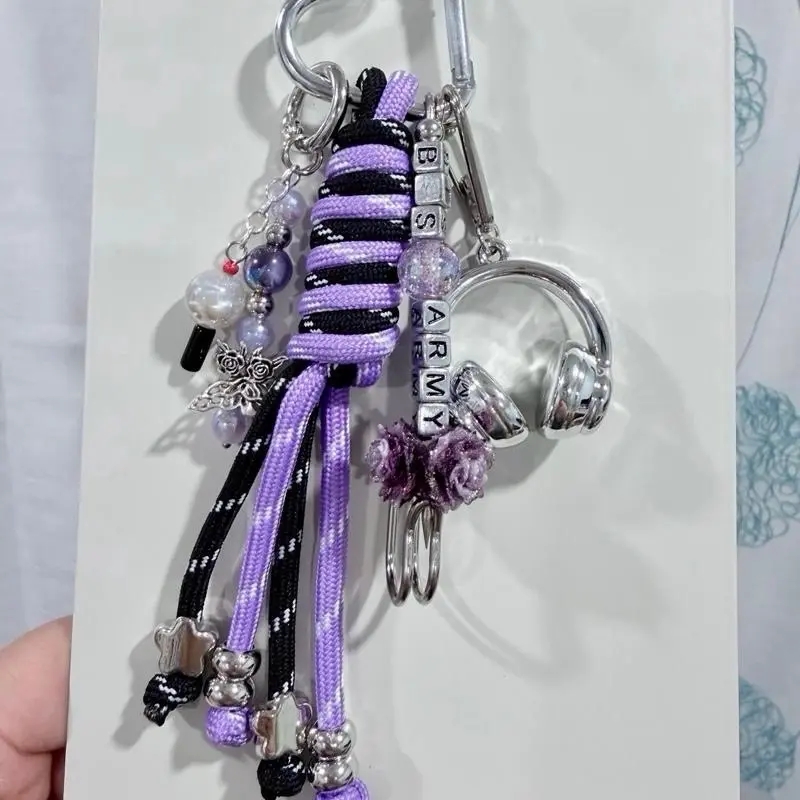 Handmade Borahae Purple Paracord Bag Charm | Chunky Heart Carabiner Backpack Accessory | Silver Headphones & Vintage Army Letter Beads