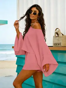 Women's Fashion Womenswear Clothes Solid Color Off-Shoulder Batwing Sleeve One-Piece Top & Shorts Set, Casual for Dates, Beach, Relaxing, Going Out Sets