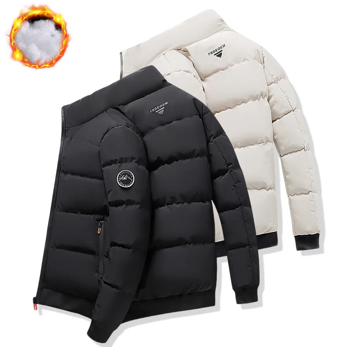Men's Plain Fitted Long-Sleeve Windproof Stand-Collar Jacket - Zipper Closure, Cold-Weather Outerwear