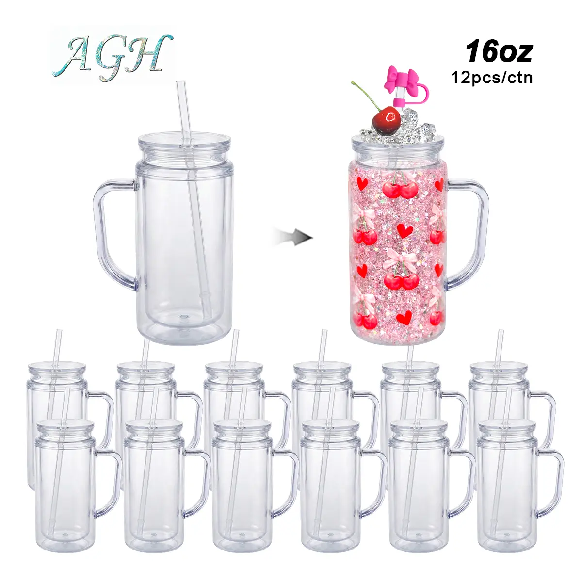 AGH 16 OZ Double Wall Plastic Handle Tumblers Sonw Globe tumbler with clear lids and straw with Pre Drilled Hole Plug 12pcs/ctn