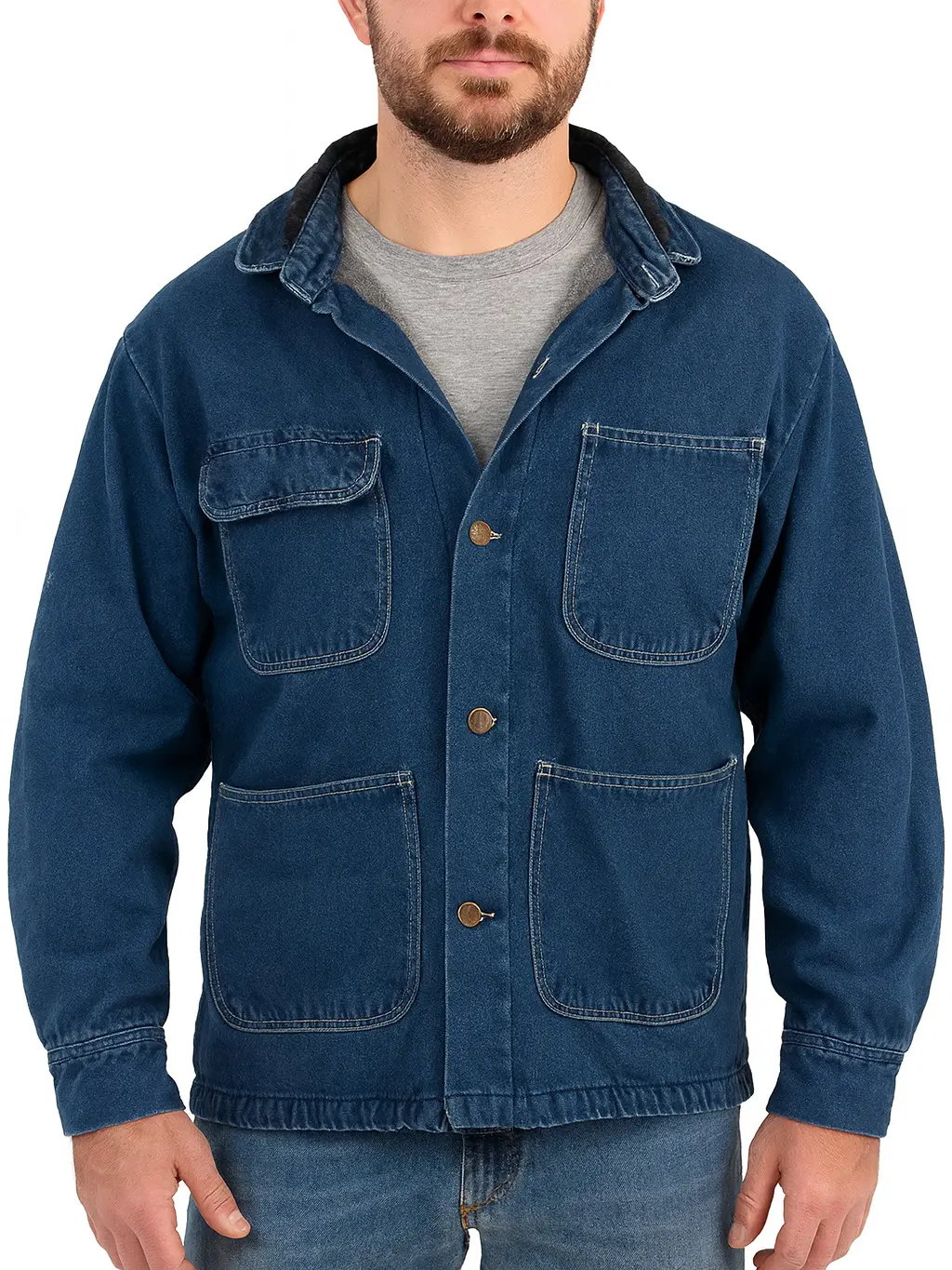 Vintage Denim Chore Jacket Prison Coat Winter Fitted Long Sleeve Classic Casual Heavy Duty Cotton Denim Soft Fleece-Like Liner 4 Pockets Double Stitched Seams