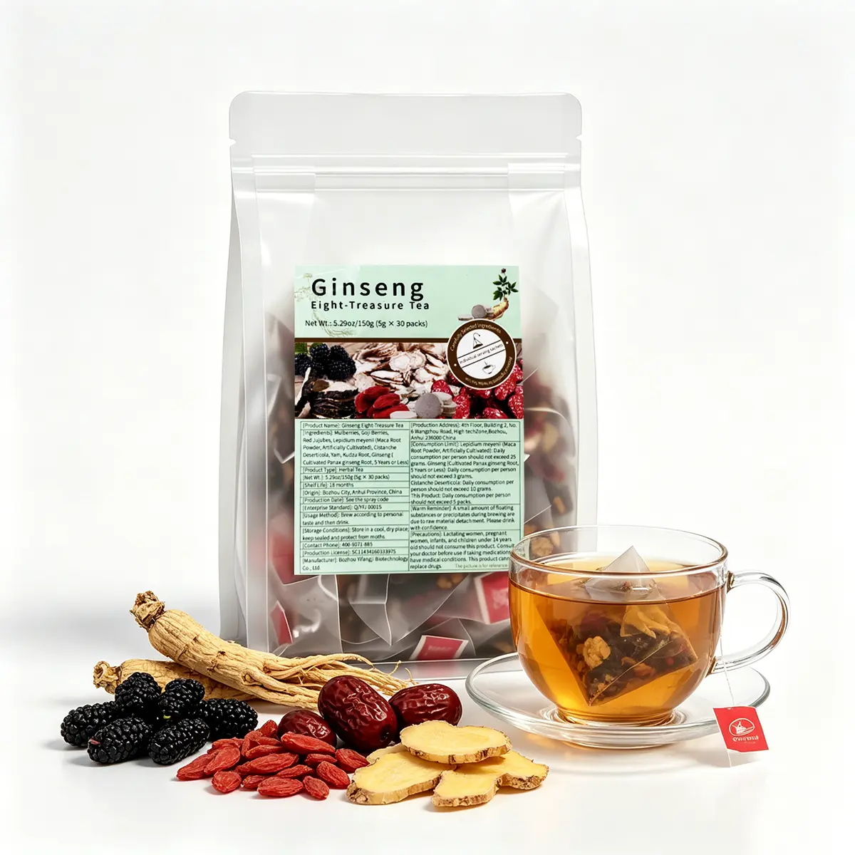 Kidney Support Ginseng 8-Treasure Herbal Tea for Men & Women, Traditional Chinese Formula with Red Date-Wolfberry Blend, 8 Precious Natural Ingredients, 30 Tea Bags