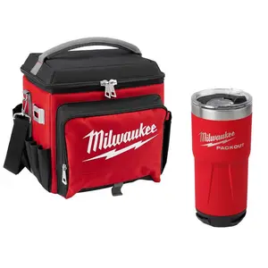 Milwaukee 21 Qt. Soft Sided Jobsite Lunch Cooler with PACKOUT Red 20 oz Tumbler Attached Bottle Opener Dishwasher Safe Durable Travel Essentials