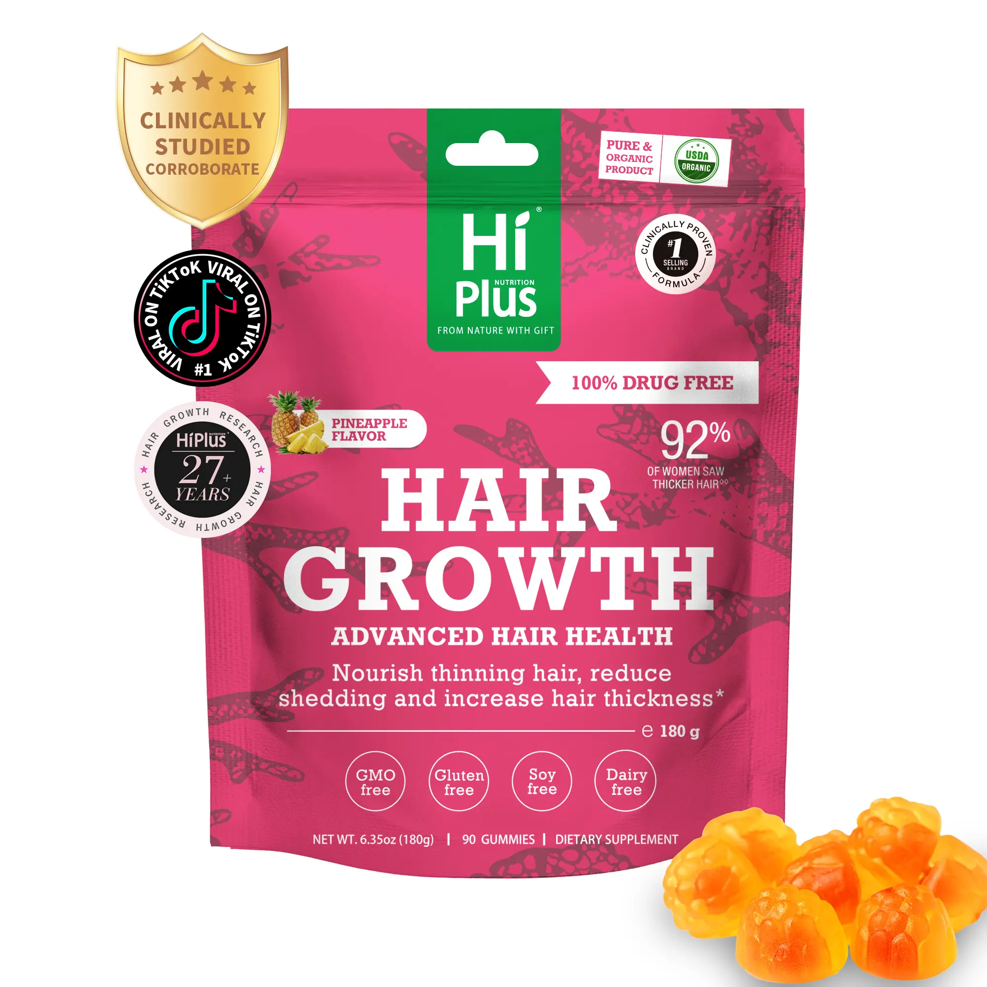 HiPlus USDA Organic Hair Growth Gummies for Women – Tasty Pineapple Boost  For Thicker, Fuller Hair with Collagen, Biotin, Zinc, Vitamin C & Iron – Deliciously Sweet & Seriously Effective