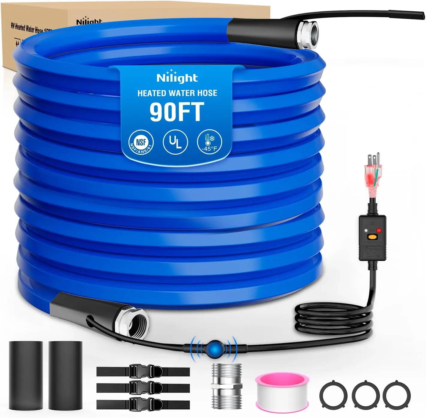Nilight 90FT Heated Water Hose for RV, Trailer - 5/8" ID, -45°F Freeze Protection, Thermostatic Smart Heat System, 3/4" Threaded Lead-Free Aluminum Fittings, Gaskets, Leakage Protector, LED Plug, NSF Certified Winter Plumbing Accessory, Phthalate-Free