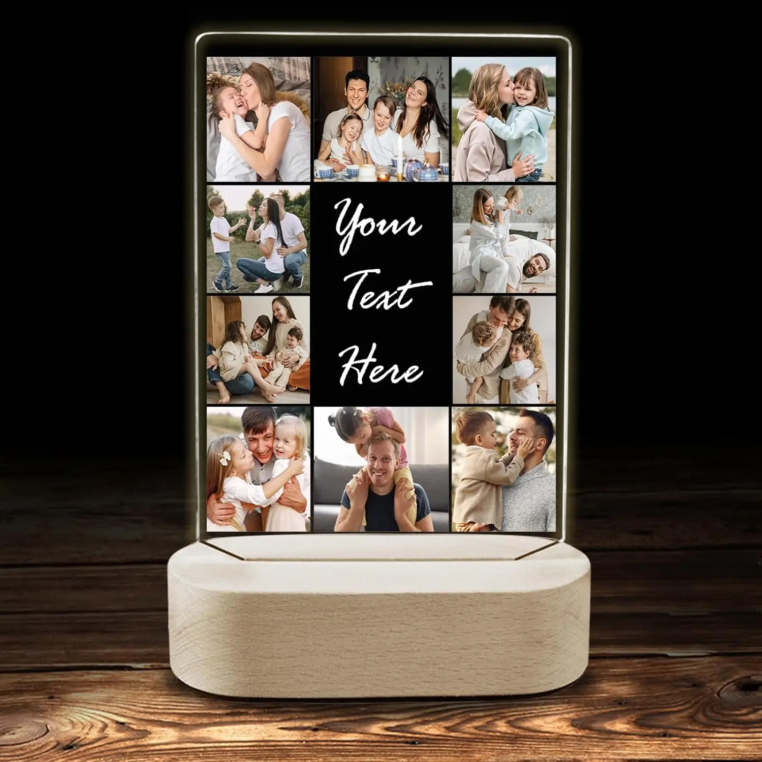 Personalized Acrylic Pendants & Wood Plaques with Night Lights - Customizable with Photos, Text, Decor Shadow Signs, Room Accessories (Heart, Round, Square Shapes), Tabletop Home Decor Gift for Weddings
