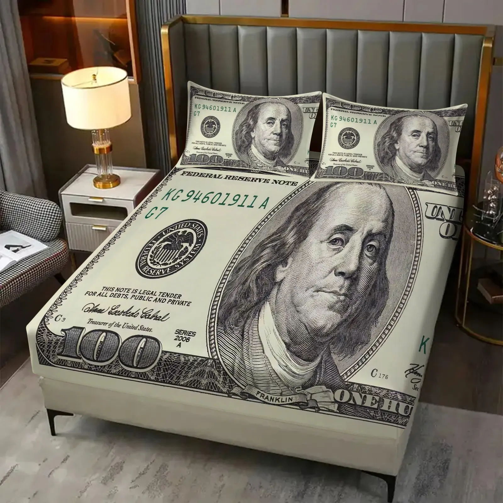 3-Piece Hundred-Dollar Bill Print Bedding Set — Fun Banknote-Patterned Fitted Sheet & Pillowcase Set — Novelty Bedroom Decor: Simple, Stylish, Soft, and Comfortable (Includes 1 Fitted Sheet + 2 Pillowcases)