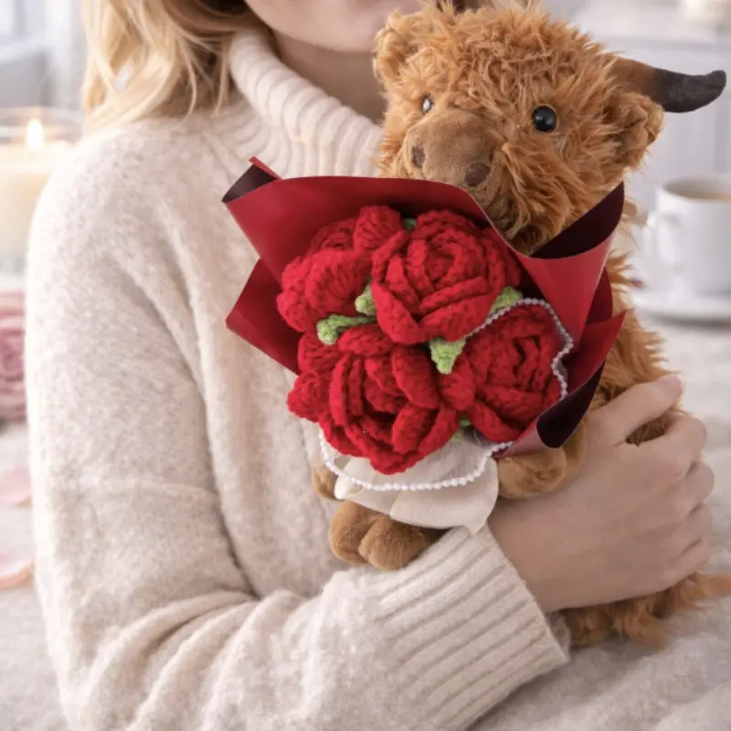 Handmade Crochet Rose Highland Cow Doll, Valentine's Day & Mother's Day Party Gift, Soft Cuddly Gift, Anniversary Present with Packaging