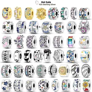 Golden Colorful Butterfly Fixing Clip Charms 925 Silver Clasp Round starmoon Button Fit Original Beads Bracelet birthday Jewelry