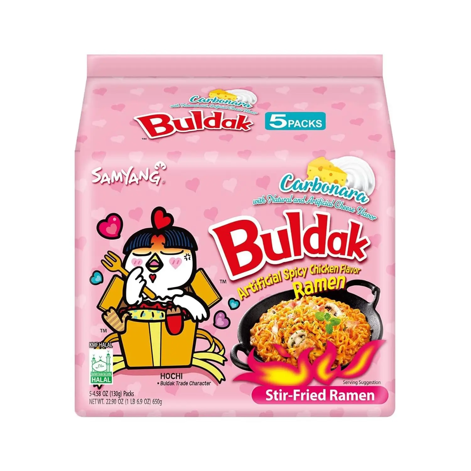 Samyang Buldak Carbonara Chicken Flavor Instant Ramen Noodles, Korean Style Stir-Fried Noodle Pack, 5 Count
