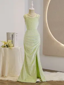 Girls' Elegant Sequined Ball Gown, High Waist Slim Fit Long Dress with Ruched Mermaid Tail, Perfect for Parties All Seasons