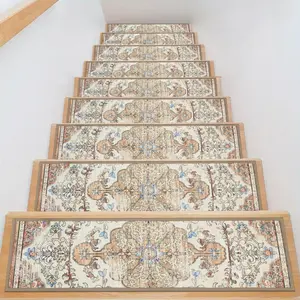 Non-Slip Stair Treads for Wooden Steps, 15pcs Vintage Boho Stair Runners for Indoor Stairs, Washable Non-Skid Carpet Stair Mats for Kids Elders Pets, Beige Bohemian Floral Stair Rugs