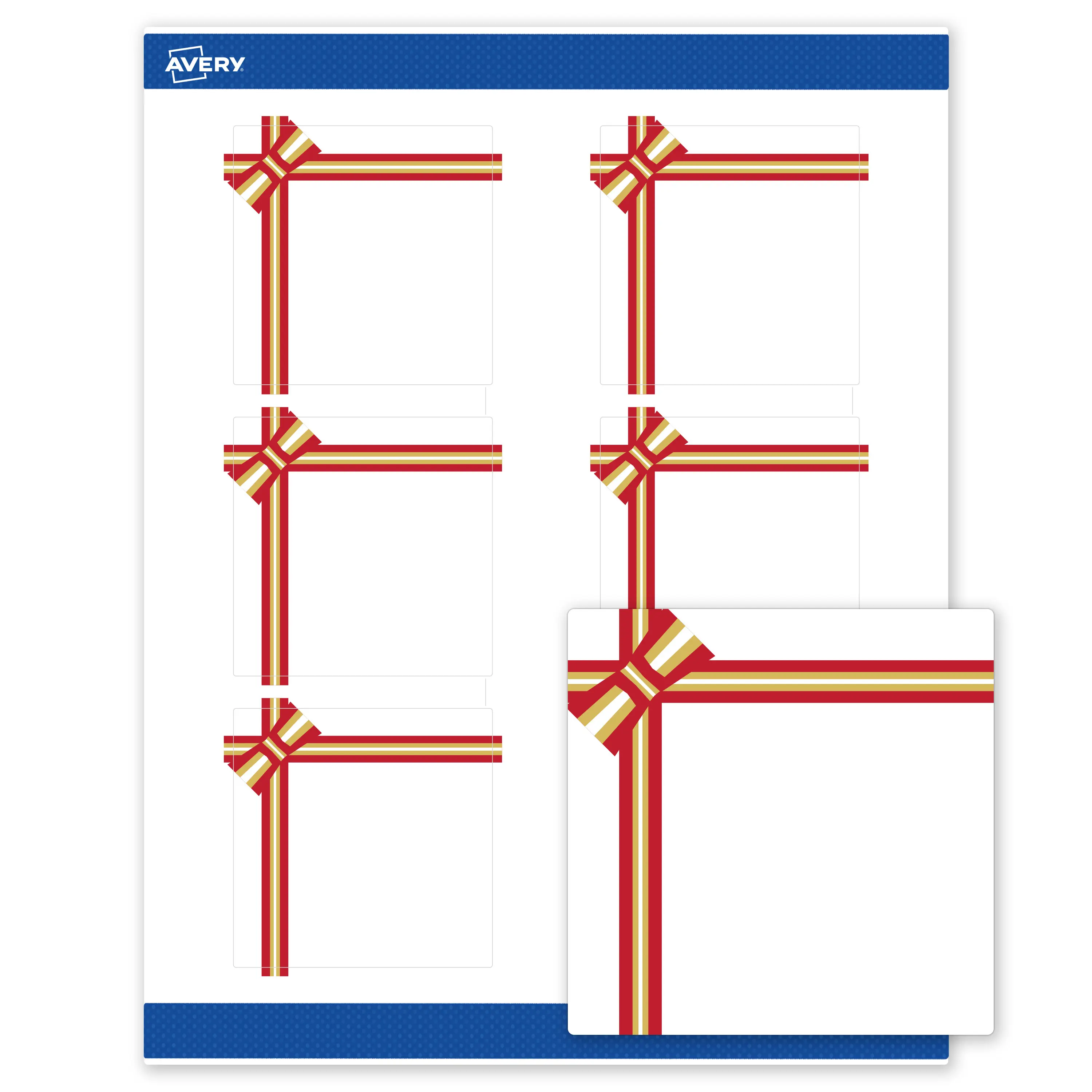 Avery® Printable Christmas Labels with Sure Feed® Technology, Square, 3" x 3", Pre-Printed Red & Metallic Gold Gift Bow Design, Matte White, Laser & Inkjet Compatible, 60 Total