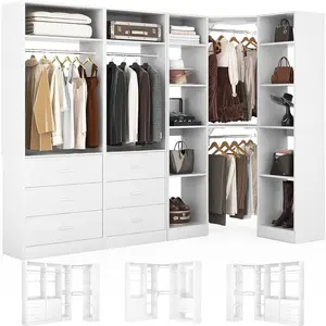 Corner Closet System with 6 Drawers, Freestanding Closet Organizer System with 14 Shelves & 4 Hanging Rods, 87.2"L * 39.2"W / 63.2"L * 63.2"W Reversible L Shaped Walk-in Closets, Load 2500+LBS, White Modern