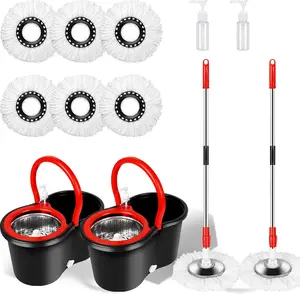 360 Spin Mop Buckets Wring System Sets, 2sets of Mop and Bucket 6pcs Microfiber Pads, 61'' Stainless Steel pole Household Item Cleaning Plastic Box