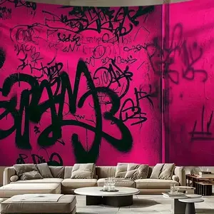 1 Piece Large Size Bright Pink and Black Graffiti Tapestry - Vintage Art Print Urban Street Style Decoration, Suitable for Bedroom, Office, Dormitory - No Power Required Polyester Fiber Wall Decor