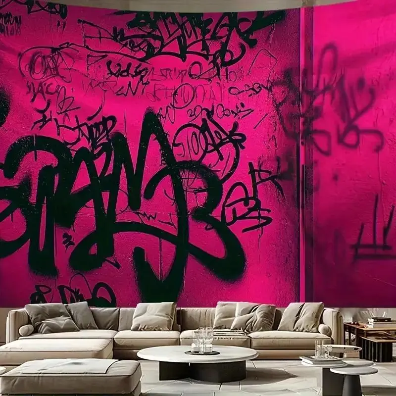 1 Piece Durable Bright Pink and Black Graffiti Tapestry - Vintage Urban Street Artwork Print Polyester Wall Decor, Decor Accessories for Bedroom, Dormitory (Bright Pink, Black Accents, Colorful Artwork Print Styles), Bright Pink Tapestries