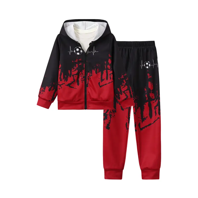 2-piece boys' hoodie set with gradient football ECG print, zip-up jacket, jogger pants, trendy casual versatile boys' outfit