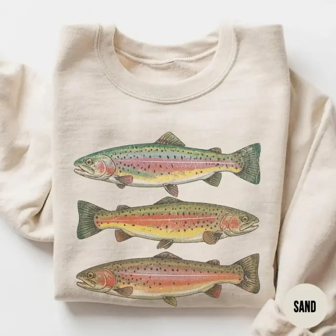 Retro Rainbow Trout Crewneck Sweatshirt, Trout Sweatshirt, Retro Fish Sweater, Fishing Sweatshirt, Fisherman Rainbow Trout Fishing Shirt