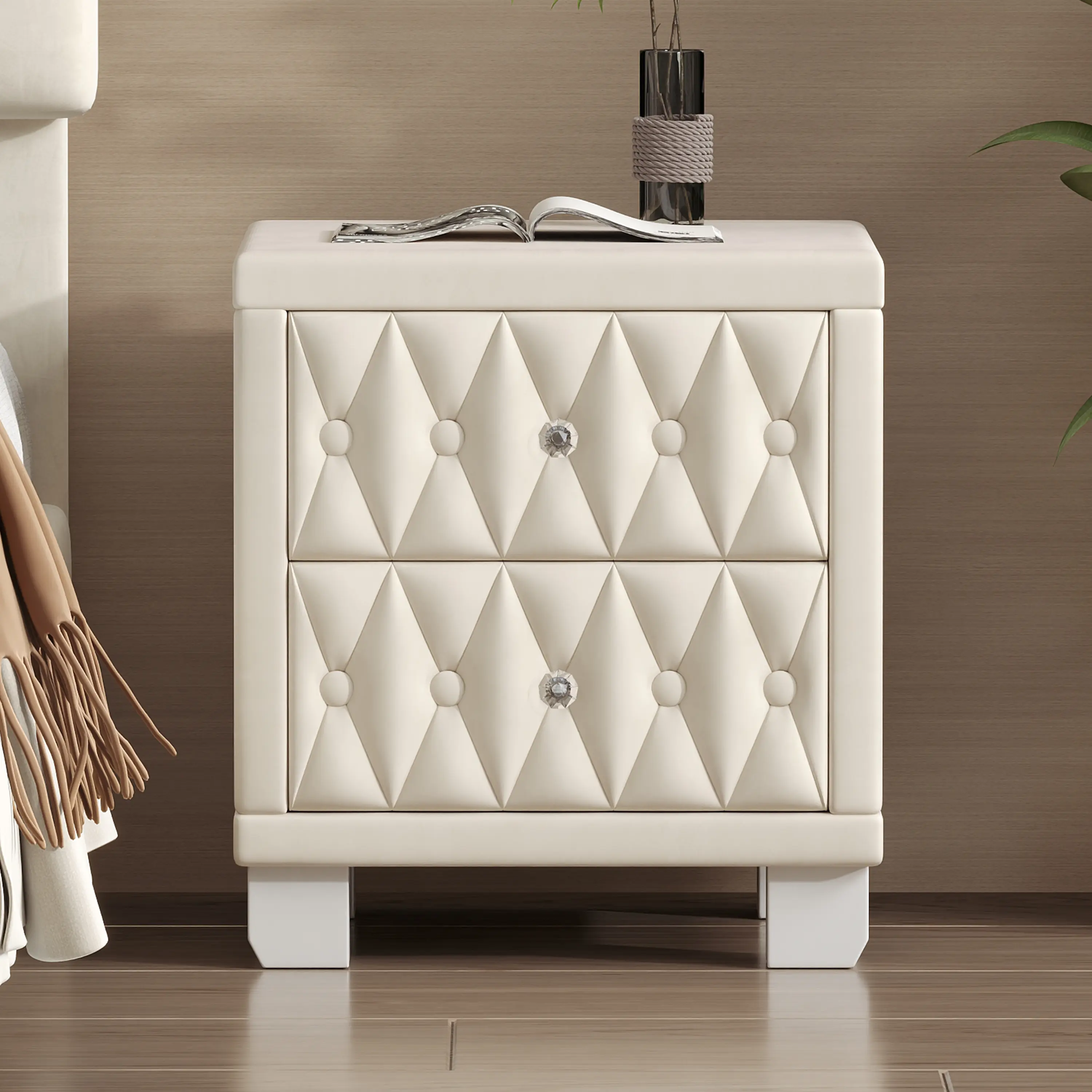 Elegant Velvet Nightstand with 2 Drawers, Button-Tufted Bedside Table with Crystal Handles, Luxury Storage Cabinet for Bedroom
