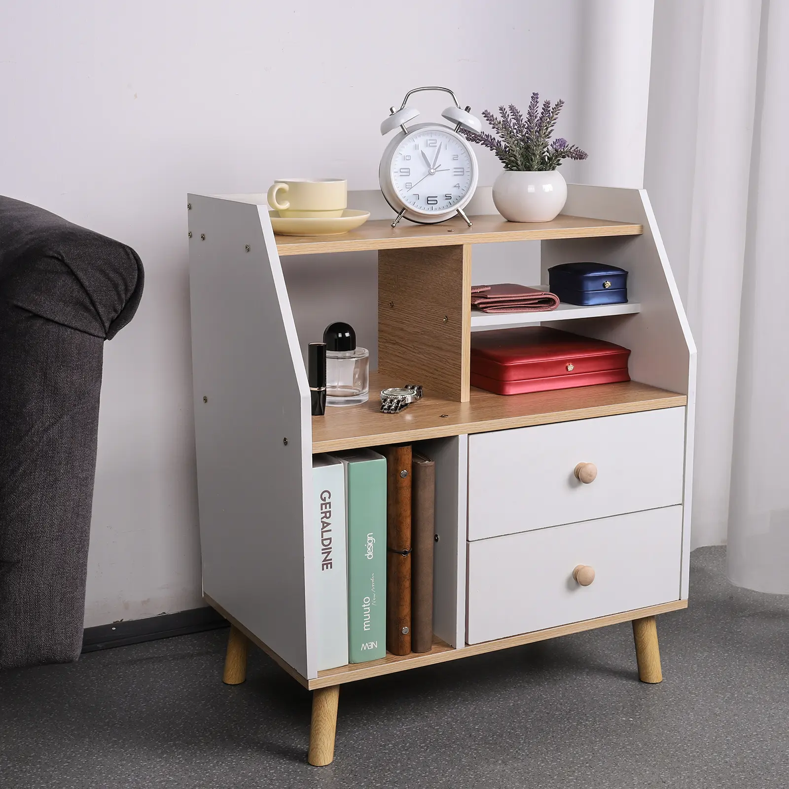 Wooden Bedroom Bedside Cabinet with 2 Drawers Simple Bedside Storage Locker Nordic Bedside Storage Cabinet for Living Room Office