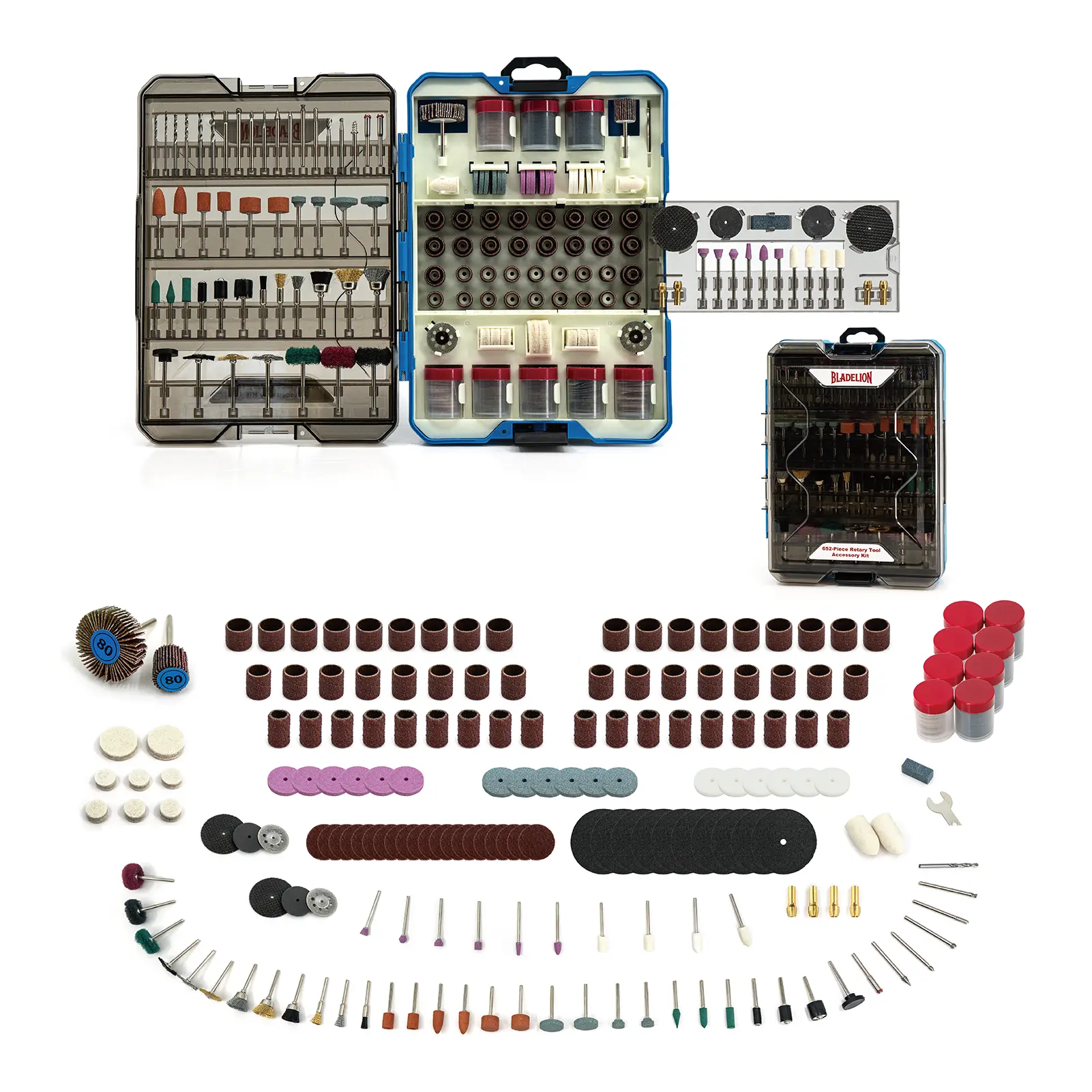BLADELION 652PCS Multi-Use Rotary Tool Accessories Kit, 1/8" Universal Shank Bits for Cutting, Sanding, Carving, Multi-Use Kit