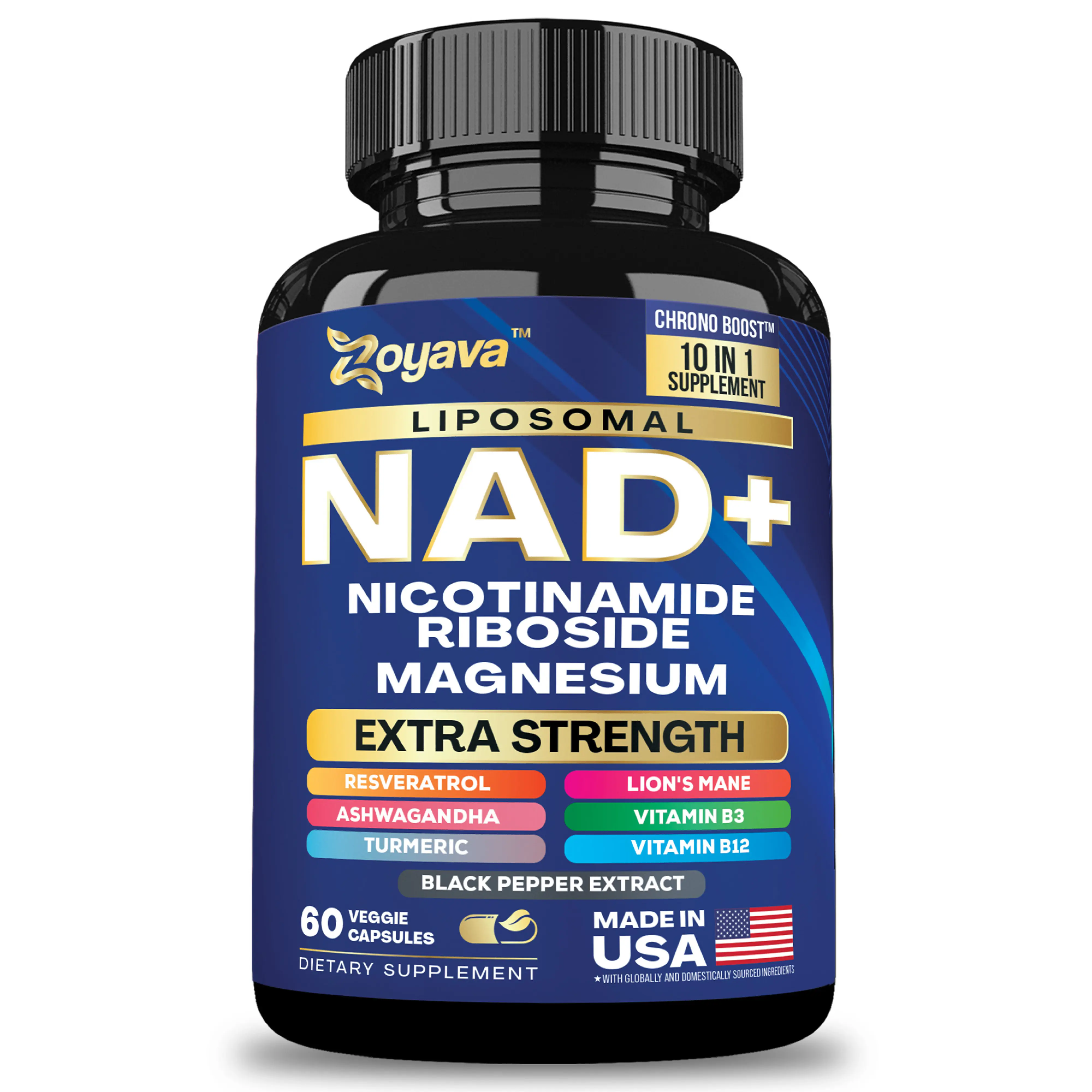 Zoyava NAD+ Supplement - Skin Aging Support All-in-One Dietary Supplement with Nicotinamide Riboside, Magnesium, & 7+ Extra Strength Ingredients - Made in USA - 60 Capsules