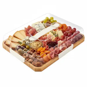 Bamboo Charcuterie Board with Lid,Gifts for Her,Build-A-Board Bamboo Cutting Board with Clear Locking Lid and White Handles, Perfect for Charcuterie, Snacks, 11x14 Inch Travel Portable Snackle Box , Single Compartment,House Warming Gifts for Women