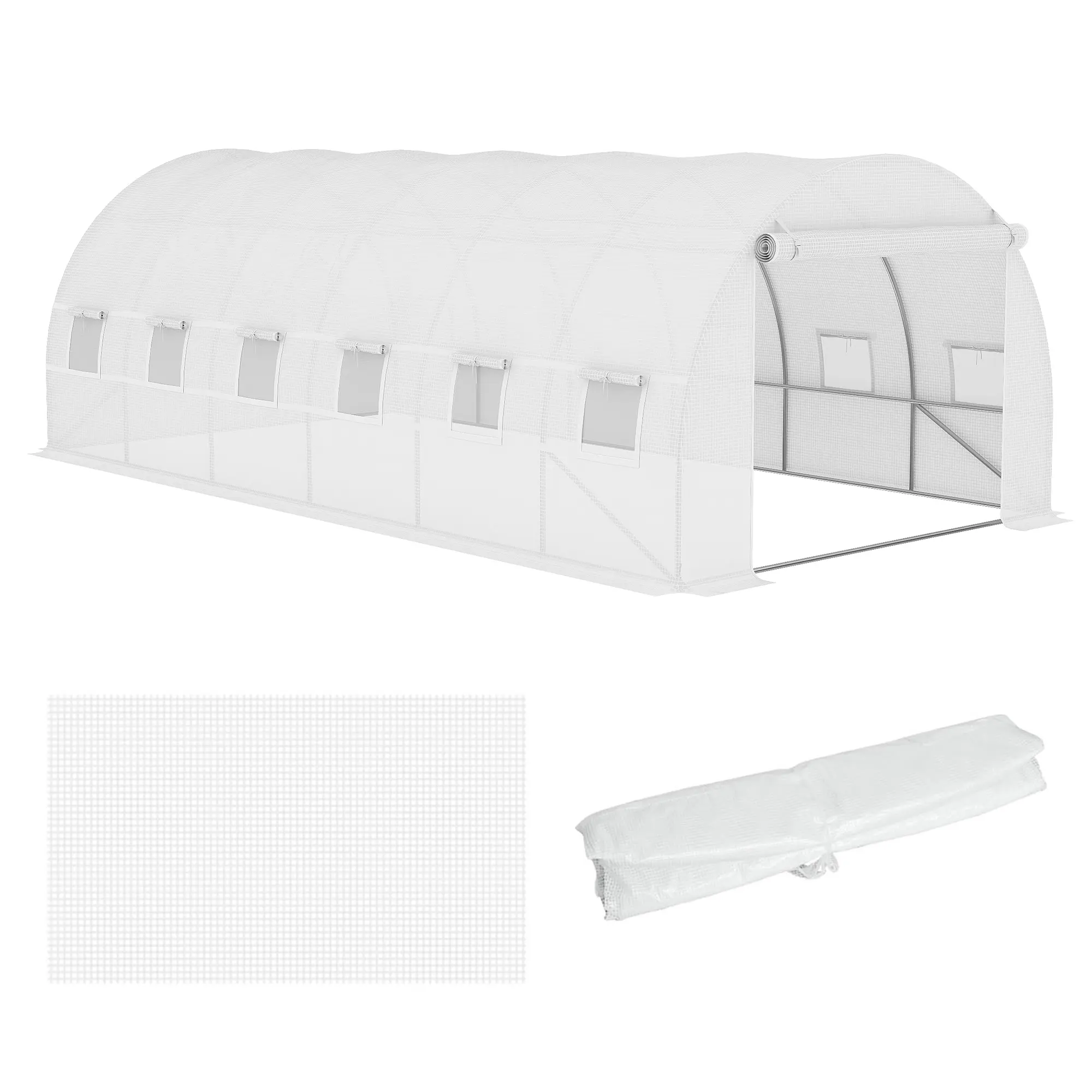 White PE Greenhouse Sheeting with 12 Windows & Zipper Door 6 Inch Extended Edge Waterproof Sealing Upgrade 140GSM Thick Tarp for All-Weather Outdoor Plant Shelter Replacement